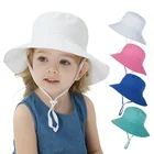 Летние хлопковые однотонные Панамы для мальчиков и девочек с УФ-защитой, детские солнцезащитные кепки с принтом