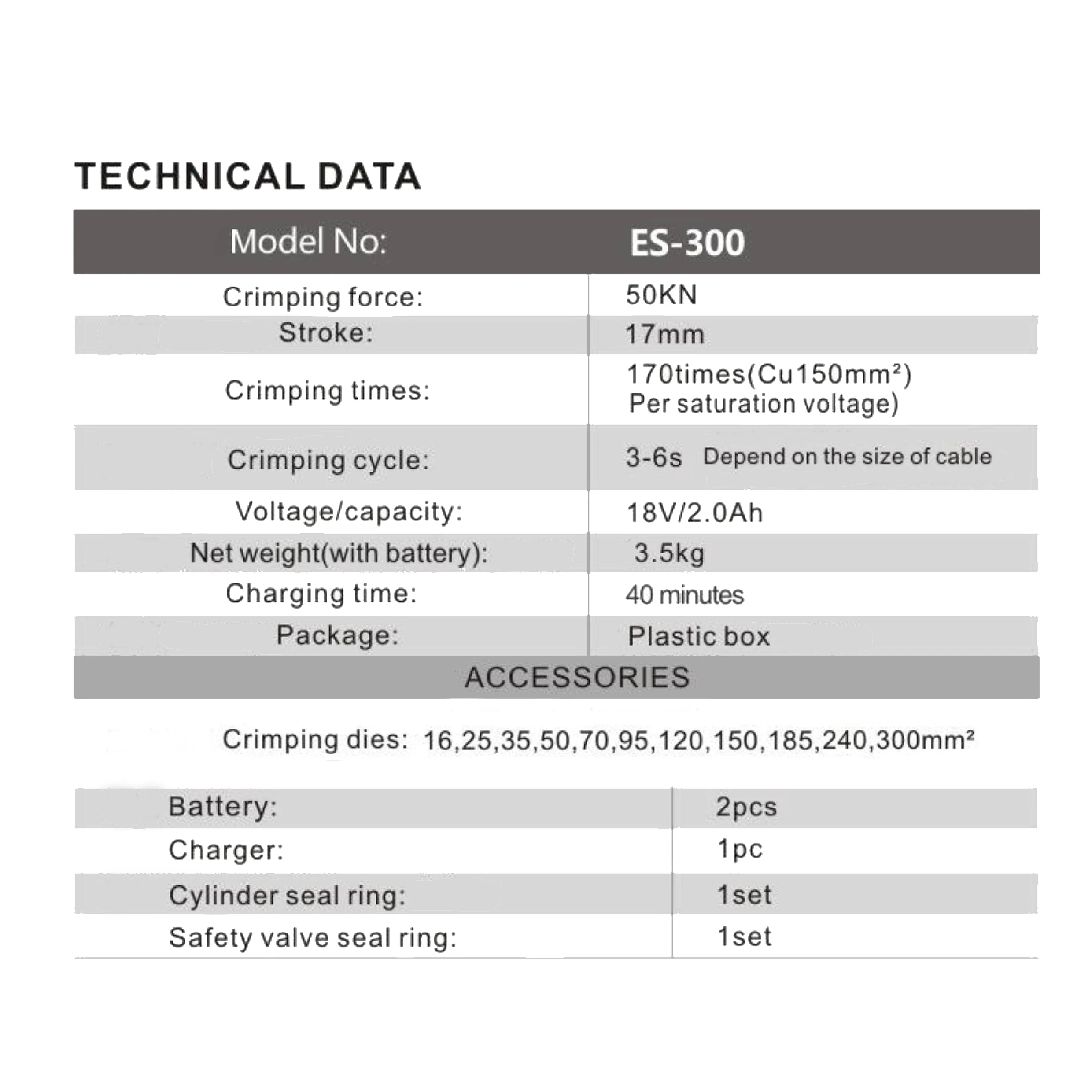 

Battery Crimping Tool ES-300 Battery Cable Terminal Crimping Tool 16-300mm2