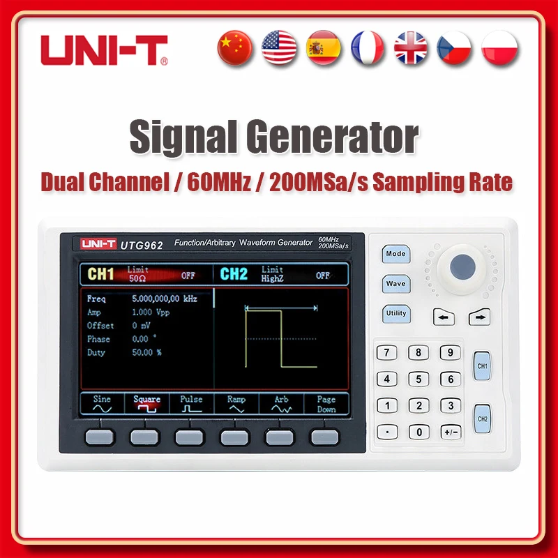 

UNI-T UTG962E Function Arbitrary Waveform Generator Set Dual Channel 200MS/s 14bits Square Wave Frequency Meter 60Mhz