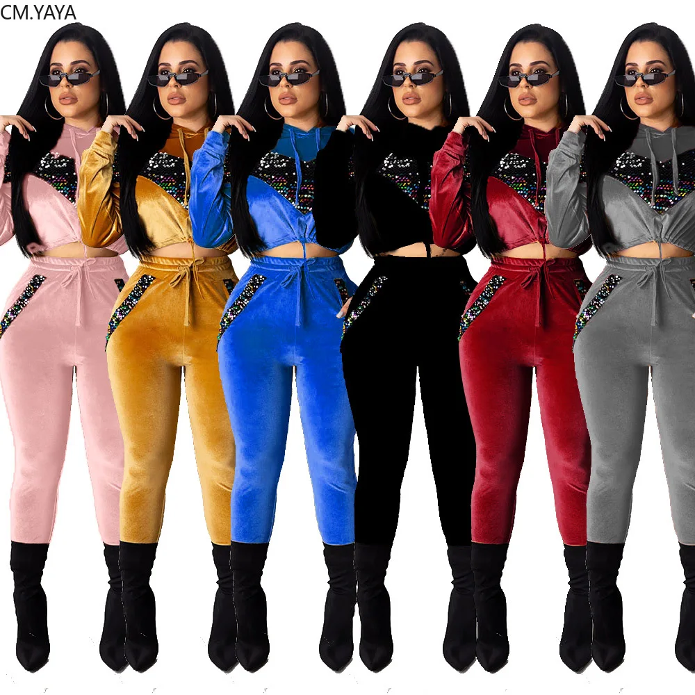 Зимний женский комплект с длинным рукавом спортивный костюм блестками толстовка