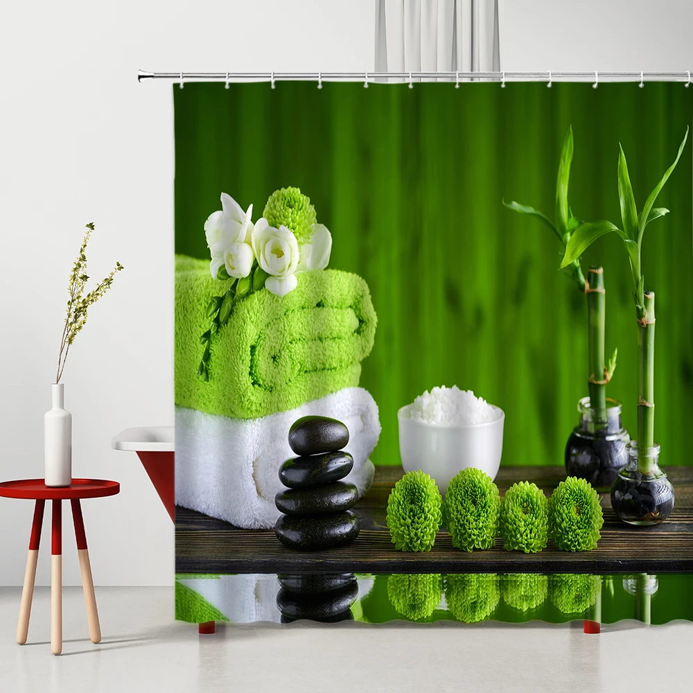 

Spa Theme Shower Curtain Zen Stone Flower Candle Green Bamboo Leaves Washable Bathroom Decor Set With Hook Orchid Bath Curtains