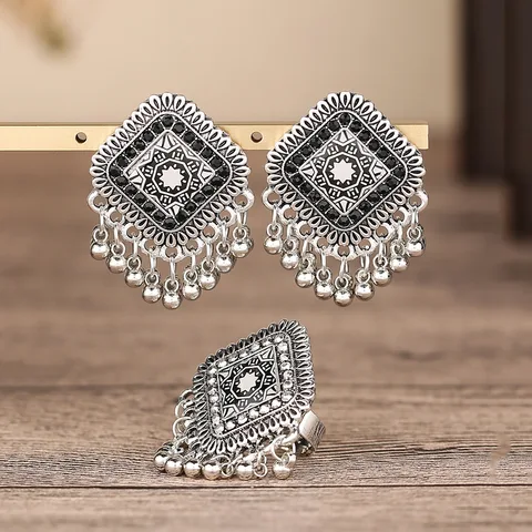 Афганские винтажные серебряные цвета металлические геометрические серьги кольца наборы для женщин Бохо окисленные Ювелирные наборы свадебный подарок для вечеринки