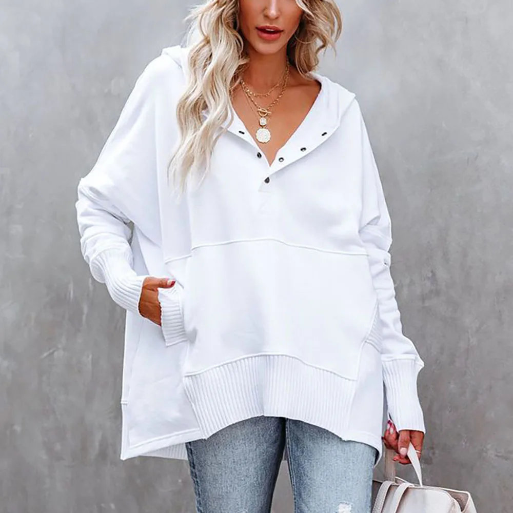 

Женская толстовка с капюшоном, однотонный модный Свободный Повседневный пуловер с длинным рукавом и карманами, осень 2021