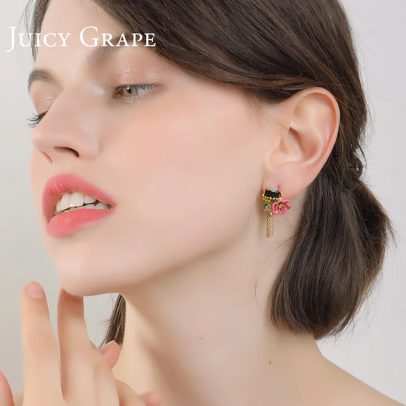Juicy Grape Hand-painted Enamel Glaze Black Zircon Jewelry Pink Flower Stud Earrings Fashion Jewelrys | Украшения и аксессуары