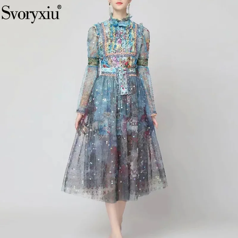 

Svoryxiu Runway Designer Autumn Fashion Elegant Skirt Suit Ruffled Collar Flare Sleeve Blouse + Drawstring Net Yarn Skirt Sets