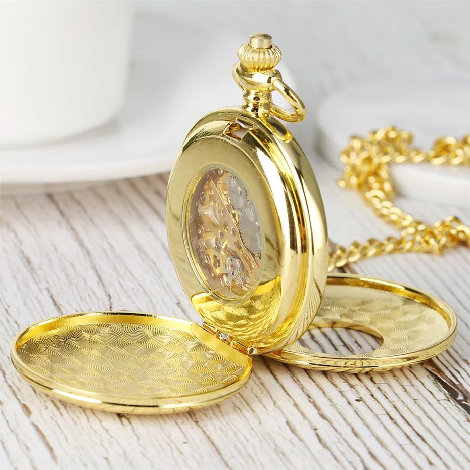 Golden Roman Numerals Display Luxury Mechanical Pocket Watch Double Hunter Design Retro Pendant Clock Gifts for Men