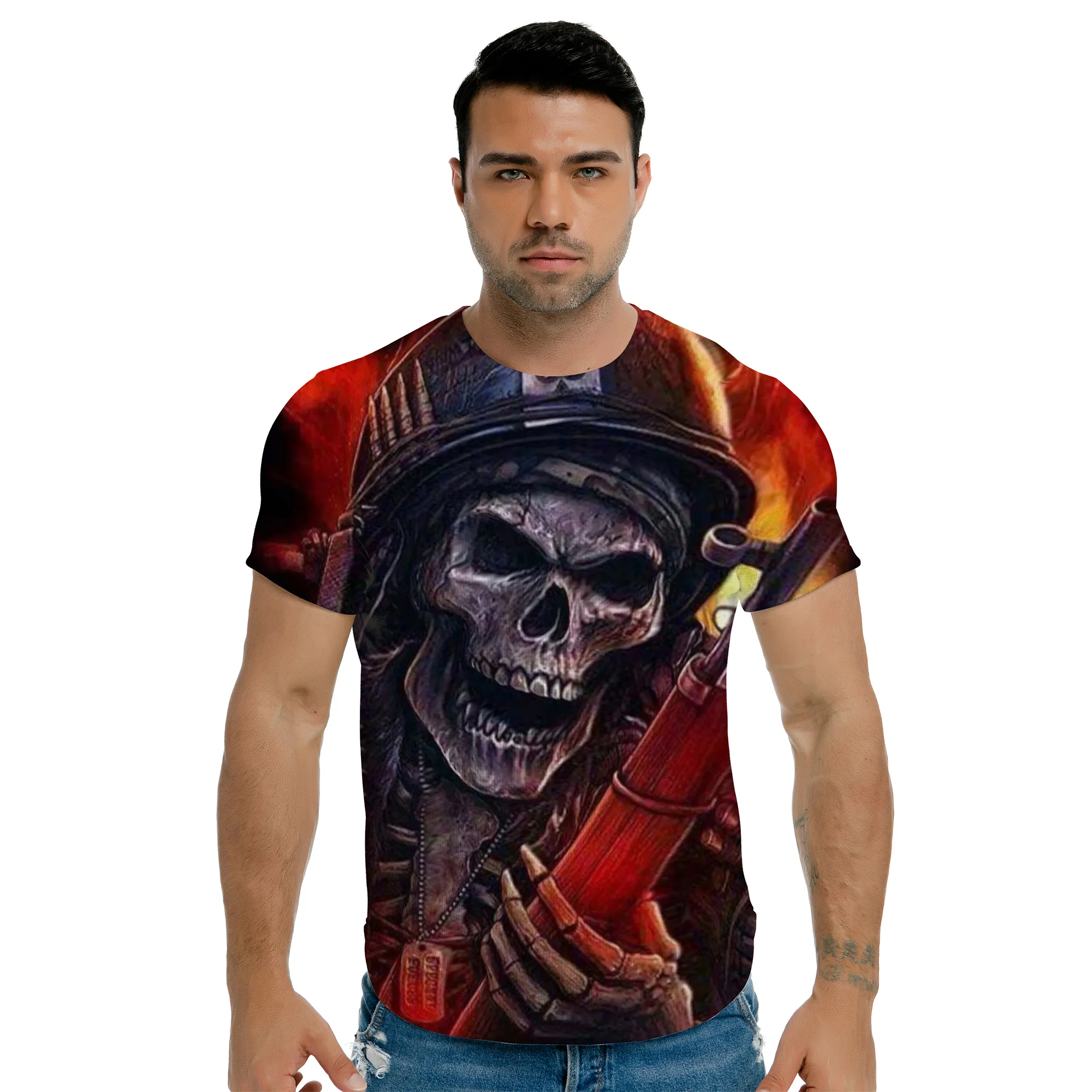 

2021, skull on the street, short sleeve T-shirt, retro 3DT casual T-shirt, 3D hip hop summer