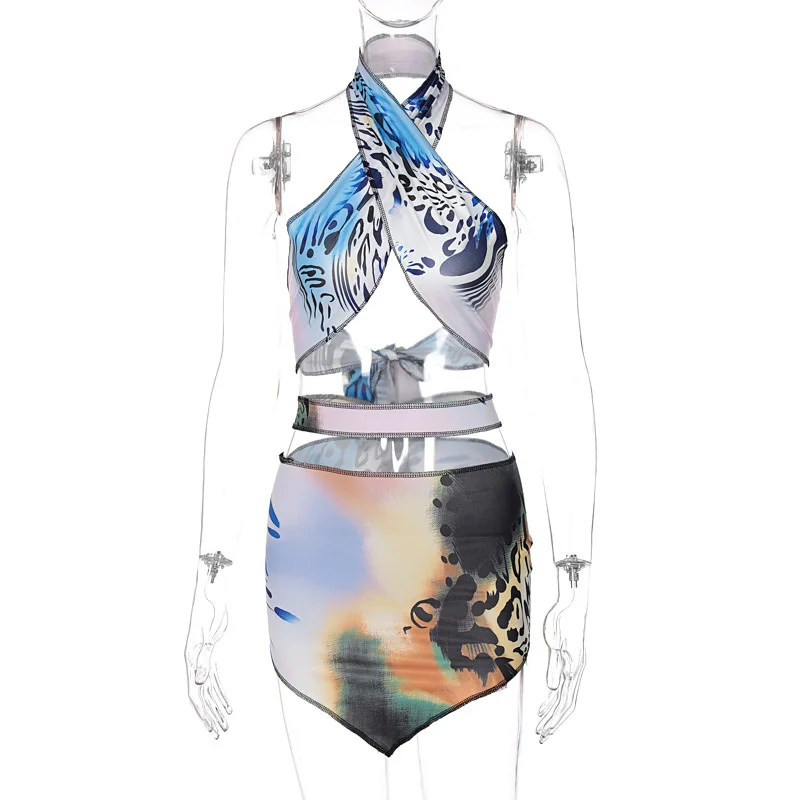 

Summer Sexy Women Suit Tie Dye Cross Halter Crop Tops Bodycon Mini Skirts Irregular Elegant Party Vestidos 2021