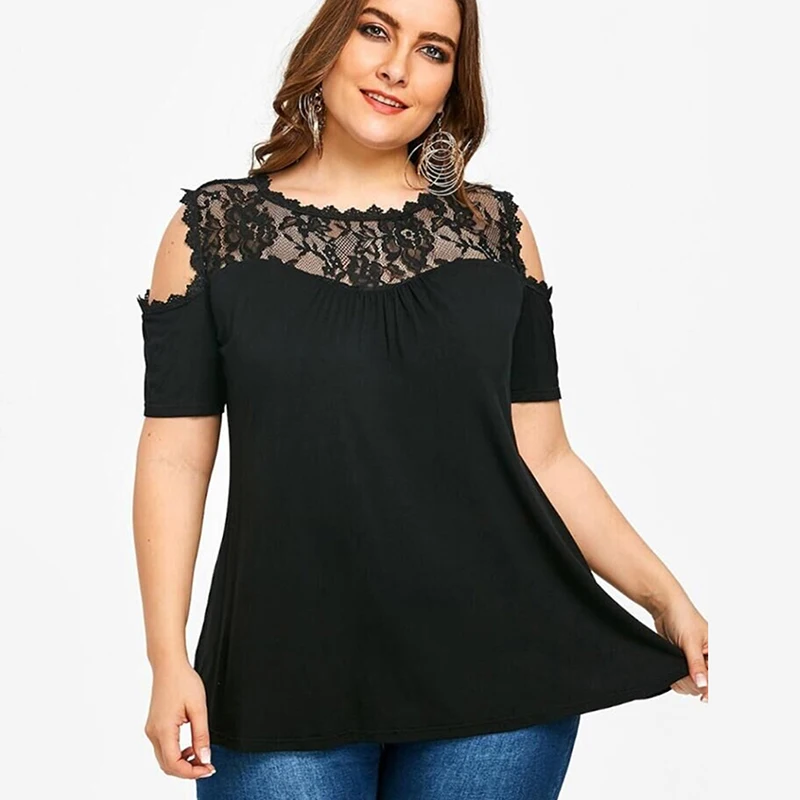 

GAOKE Summer Casual Tops Blouses Cold Shoulder Strapless Short Sleeve Shirt O Neck Lace Patchwork Solid Blusas Roupa Plus Size