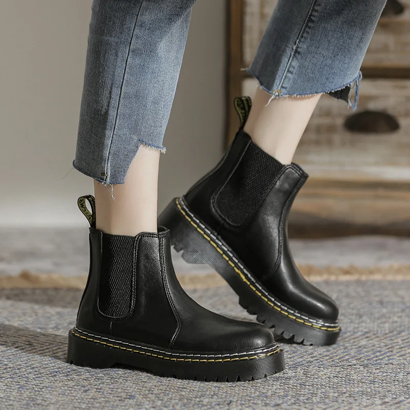 

Женские ботинки, осенне-зимняя обувь, сапоги на платформе с круглым носком, женские ботильоны челси 2021 на среднем каблуке, Дамская черная ре...