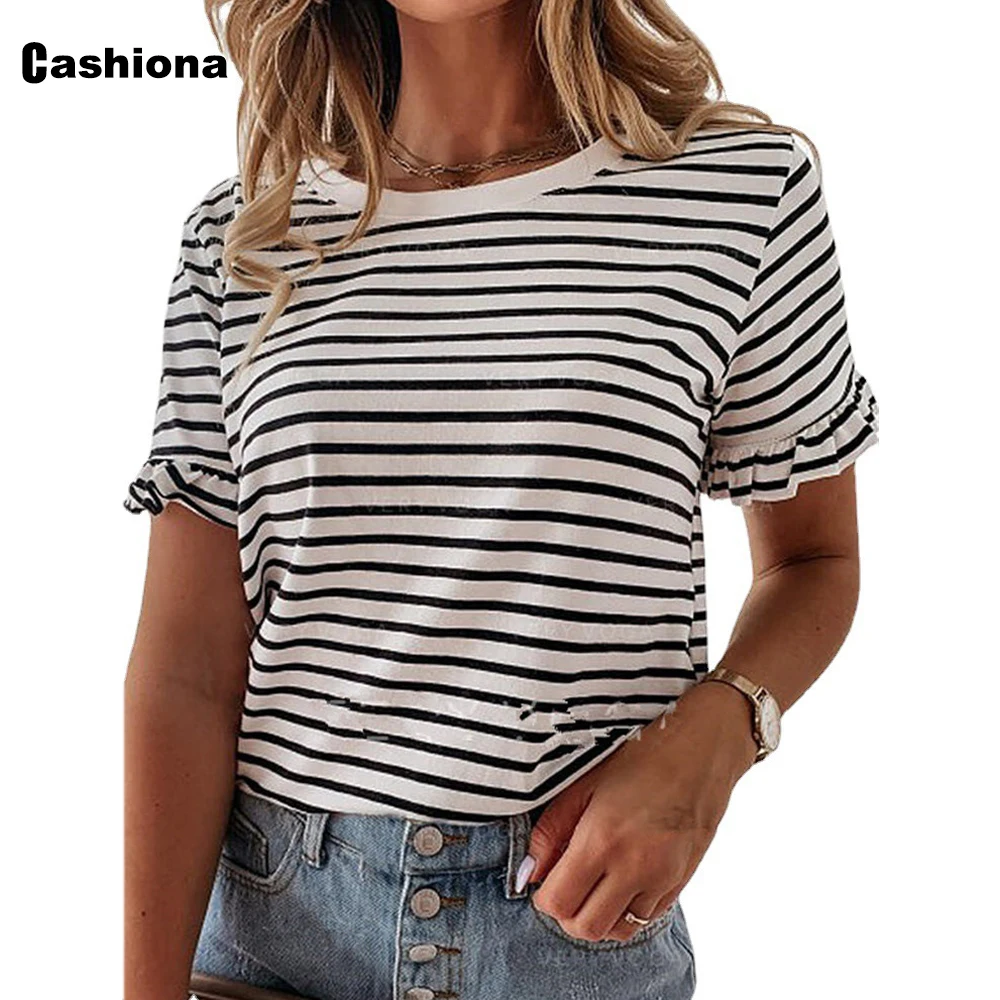 

2021 Plus Size 3xl Ladies Elegant Leisure T-shirt O-Neck Casual Stripe Tops Loose Women Clothing Latest Summer Tees shirt Femme