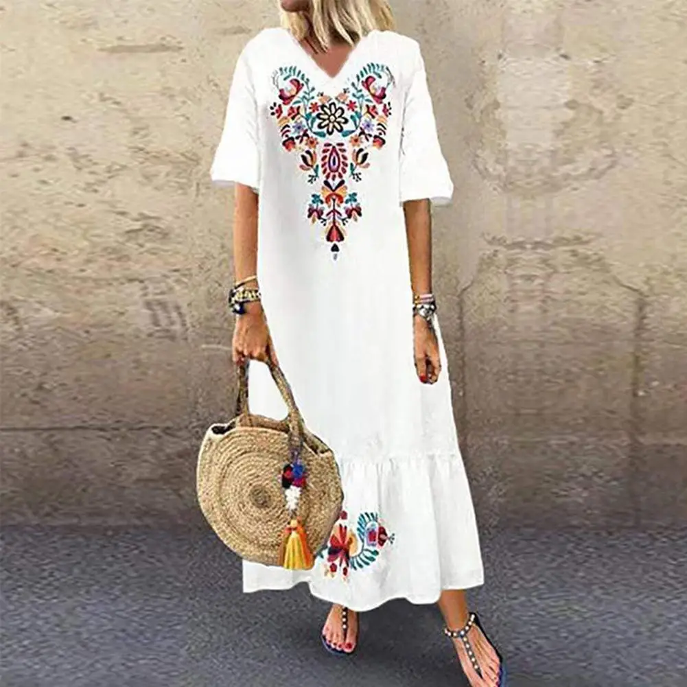 

Women Dresses Summer Vintage V Neck Short Sleeve Floral Print Large Hem Long Loose Dress Women's Clothing 2021