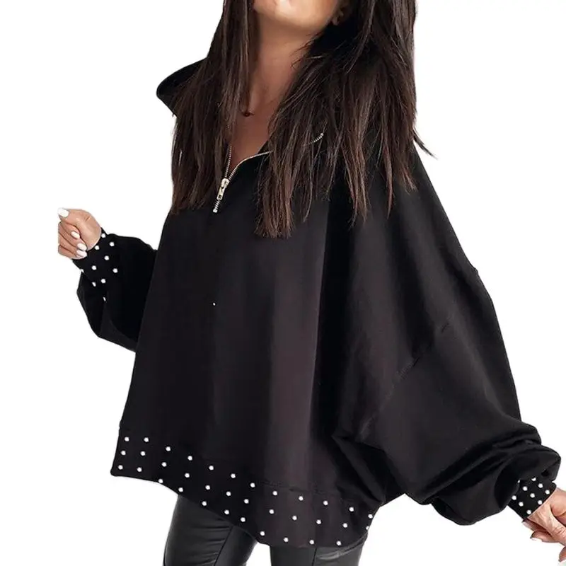 

Autumn Women Beading Hoodie Sweatshirt Casual Fashion Zipper Stand Collar Long Top Pullover Winter Long Sleeve Solid Sweatshirts