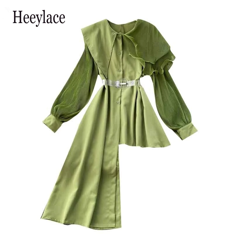 

Puff Sleeve Irregular Blouse Women's Fashion Chic Turn-Down Collar Blusas Long Sleeve O-Neck Solid Color Ladies Shirt