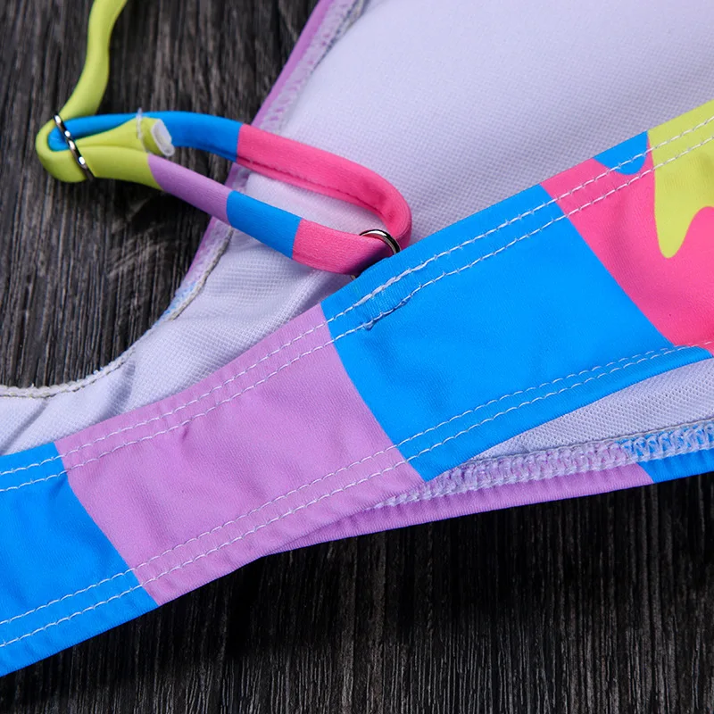 

European and American simple color stripe color split sexy split high waist bottom abdomen high elastic bikini women swimwear