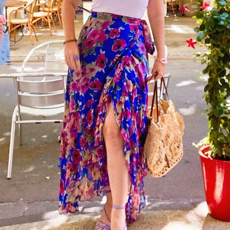 

Ruffle Floral Print Skirt Women Flowing Hem Bow Dignified Long Chic Casual Elegant Skirts Dreamy Vintage Skirt jupe longue femme