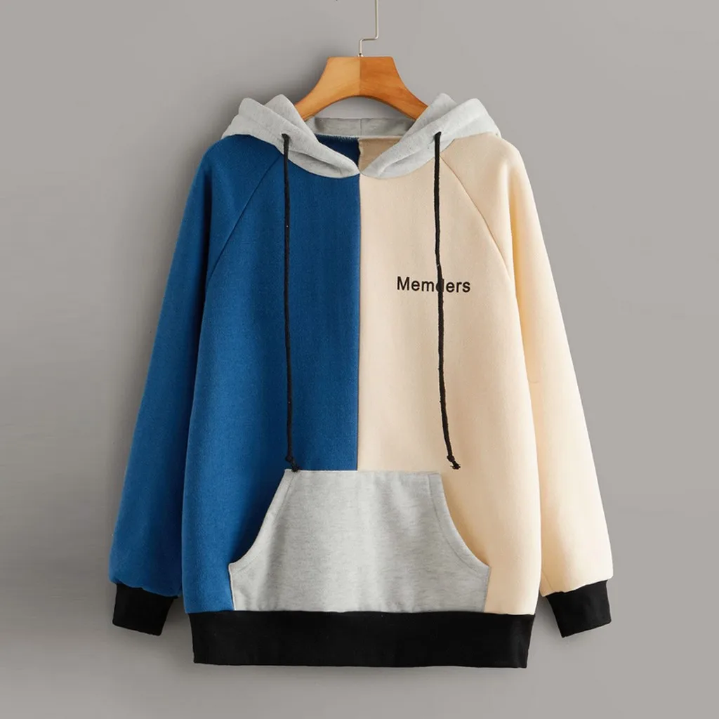 Модные женские толстовки с капюшоном в стиле пэчворк длинным рукавом цветным