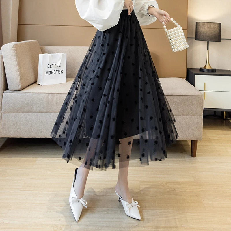 

High-End Mesh Skirt Women's Draping Fairy A- Line Gauze Skirt 2021 Summer High Waist Slimming Large Hem Elegant Pleated Skirt