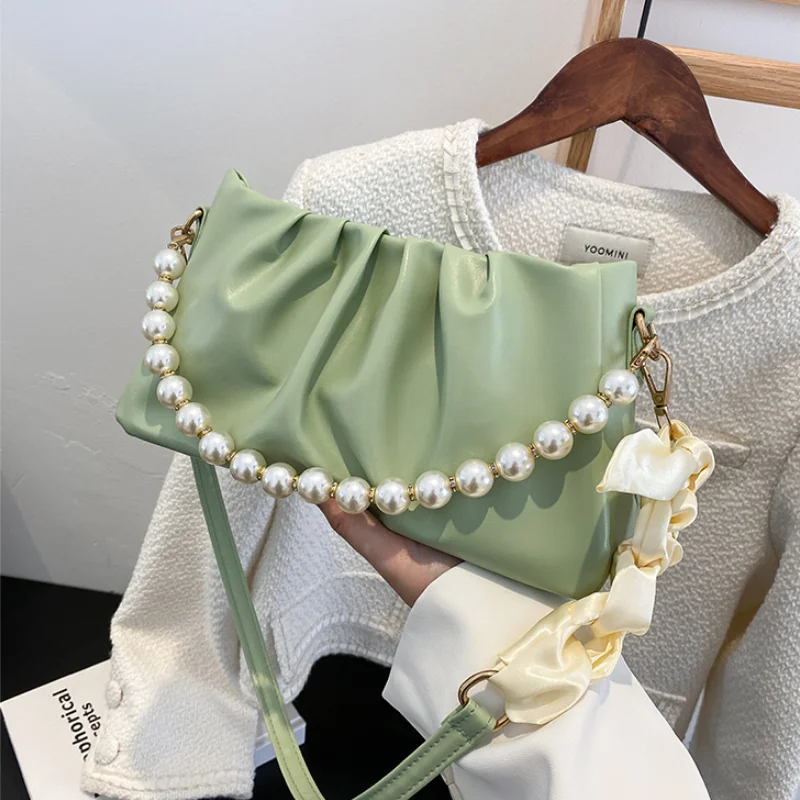 

Women's Fashion Shoulder Bags Pearl Chain Strap PU Leather Ladies Casual Small Flap Handbags Solid Color Female Underarm Bags