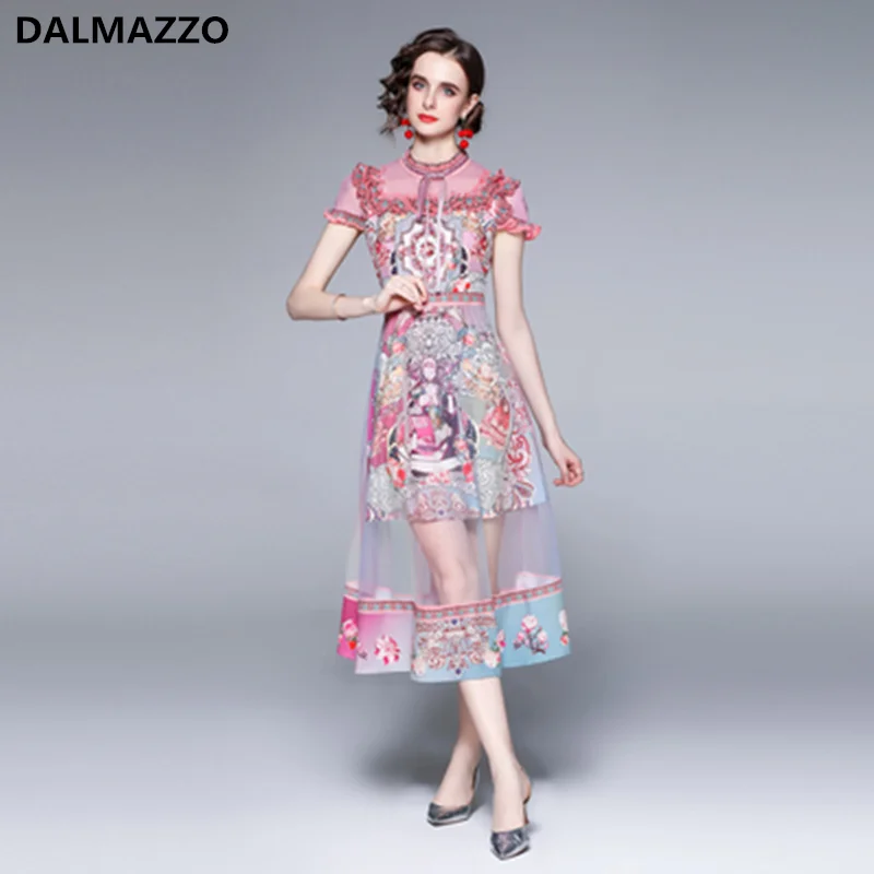

DALMAZZO 2021 Новое поступление модные летние платья для женщин с коротким рукавом большого размера лоскутное Сетчатое длинное платье Vestidos одежд...