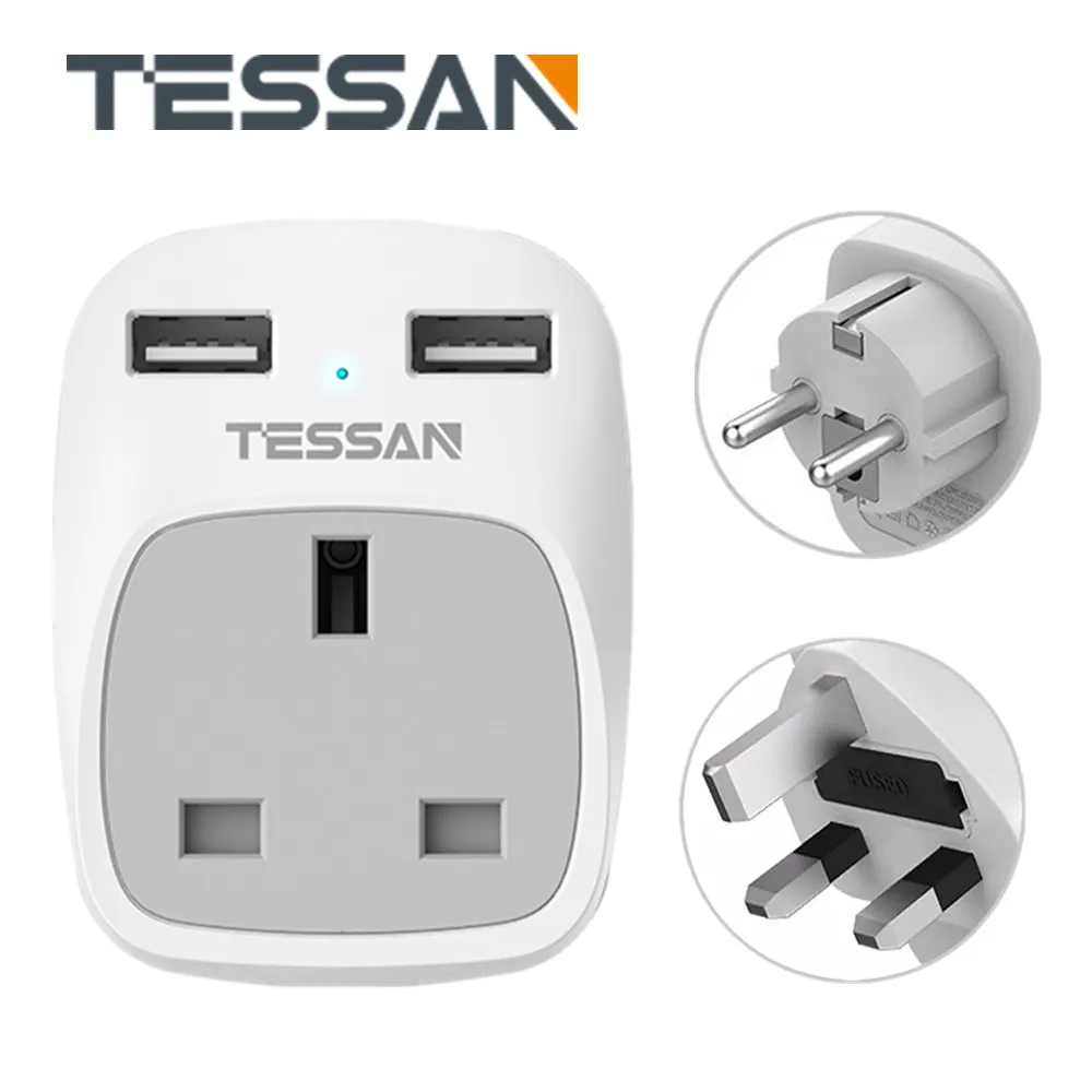 

TESSAN Mini Size International Travel Plug Adapter with 1 UK Outlet and 2 USB Ports 5V/2.4A Wall Charger Portable Power Socket