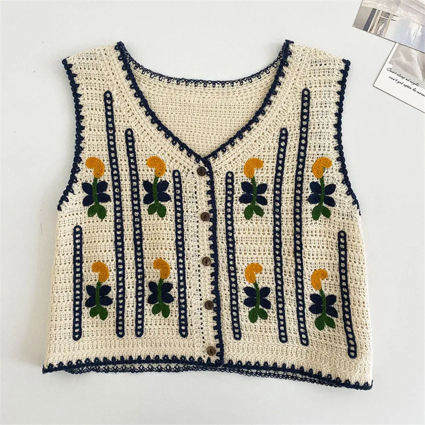 

Bohemian Floral Embroidery Retro Crochet Vest Women Sleeveless Waistcoat Crop Top Summer Knit Vests Cardigan Mujer