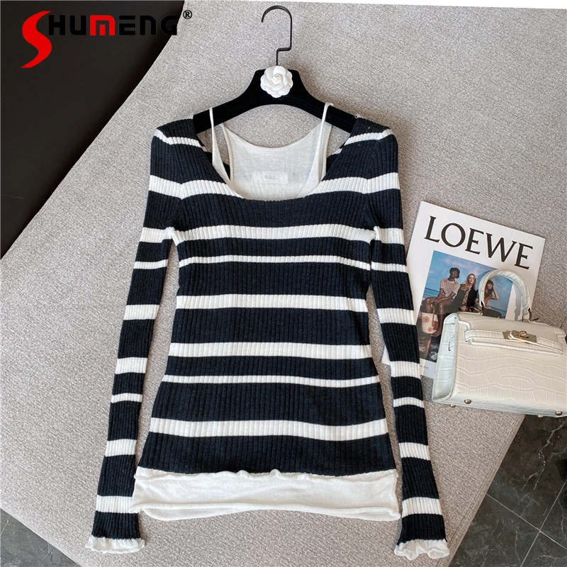 

2021 Autumn New All-Matching Sexy Tight Pullover Knitwear Female Striped Round Neck Long Sleeves Fake Two-Piece Top for Women