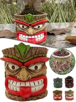 tiki head natural resin flower pot tiki totem decorative indoor outdoor planter round statue pot for flowers plants herbs