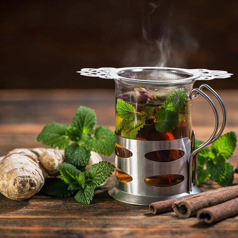 

Tea Strainer with Dripping Bowl, Mesh Teapot, Stainless Steel Pine Leaf Tea Strainer, Double Winged Handle, 2 Pieces, Silver and