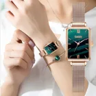 Часы женские кварцевые Gaiety с квадратным циферблатом, брендовые Модные Простые Роскошные с зеленым циферблатом, с сетчатым браслетом из розового золота