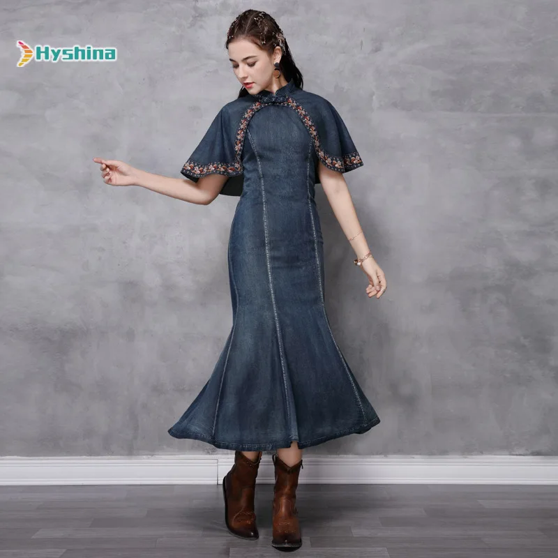 

New women's cheongsam denim skirt retro embroidered Cape Dress