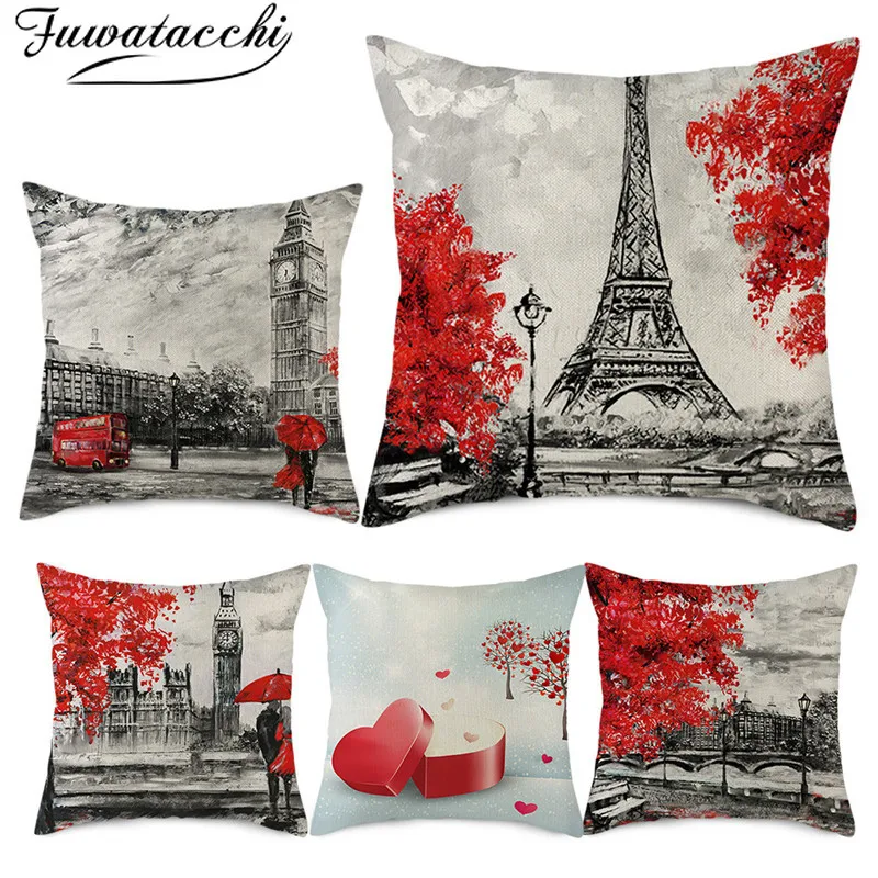 Чехол для подушки Fuwatacchi из чистого льна красная наволочка с узором в виде сердца