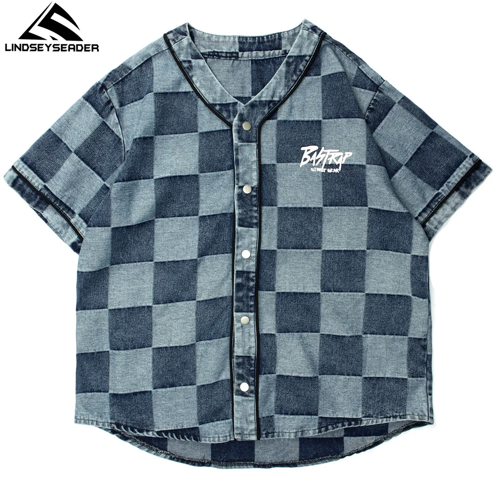 

Men's Wash Checked Shirts Oversize Letters Print Streetwear Single-breasted Harajuku Summer Short Sleeve Casual Football Shirt