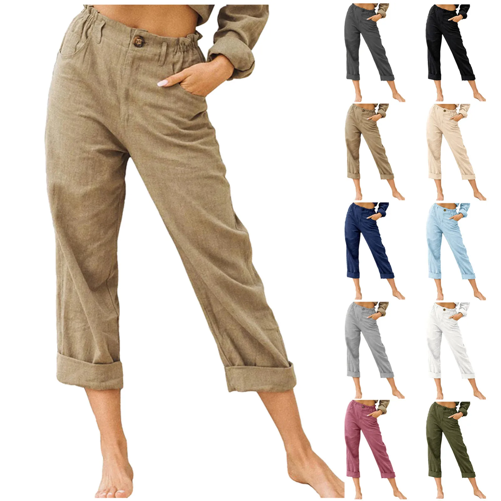 

Womens Cotton Linen Pants Drawstring Back Elastic Waist Pants Casual Trousers Ladies Casual Pockets Female Pantalones Mujer R5