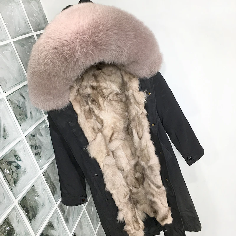 Plus Size Real Fur Coat Waterproof Parka Mujer Winter Jacket Women Natural Fox Fur Collar Liner Hood Thick Warm Outerwear Hat - Color: Xlong LightPink