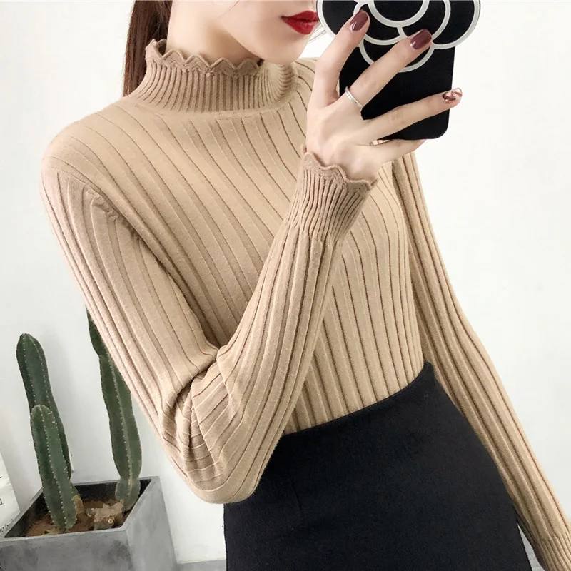 

Ruffles Knitted Women Sweater Solid Long-Sleeved Elastic Slim Office Lady Elegant Buttoming Pulls Outwear Tops