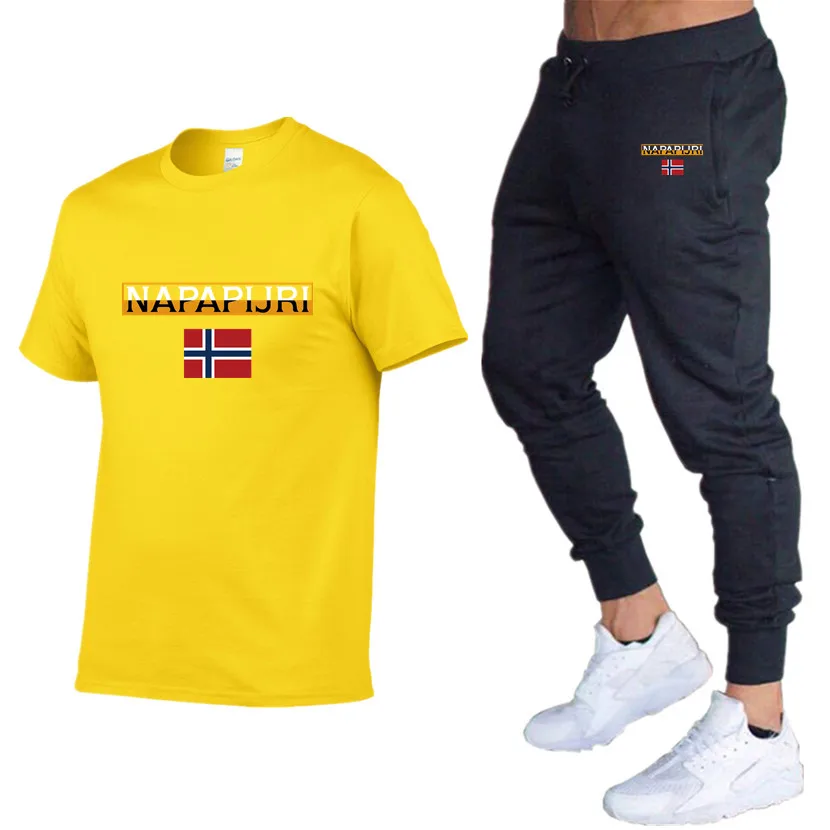 

2021 New Brand Fashion Sports T-shirt Men's Summer Short-Sleeved Sports Suit T-shirt + TrousersPure Cotton Exquisite Workmanship