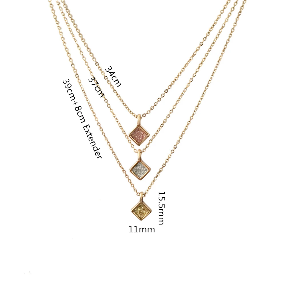 

New Cute Pendant Necklace 3 shiny glitter square Pendant in 1 Lobster clasp Layered Necklace for Girl Friend Best Gift