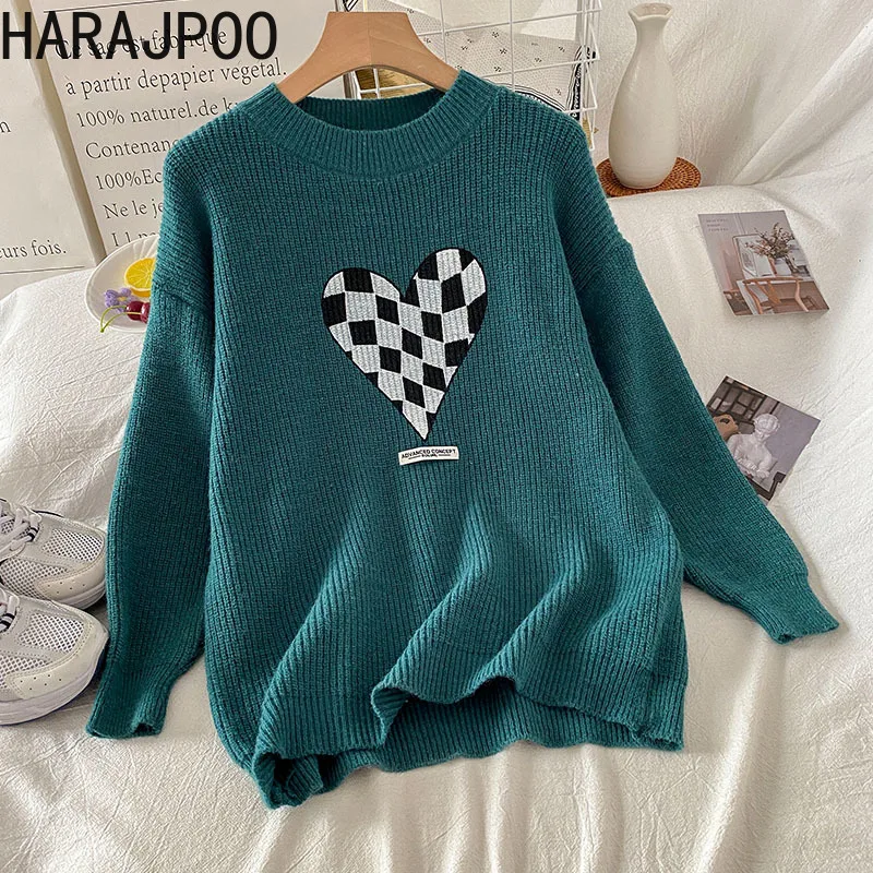 

Harajpoo Woman Sweater Checkerboard Love Print Fall Winter 2021 New Wearing Lazy Knit Casual Clothes O Neck Long Sleeve Pullover