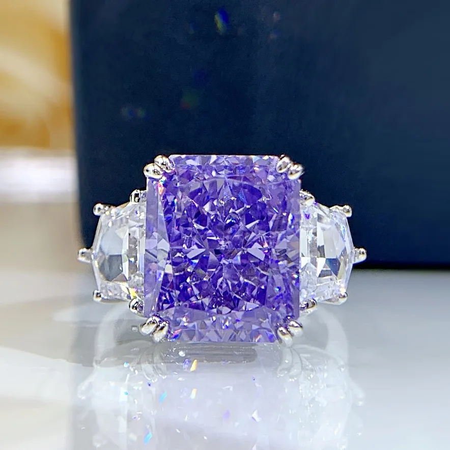 

Soild 925 Sterling Silver 10*12mm Purple Yellow High Carbon Diamond Ice Flower Cut Rings for Women Sparkling Fine Jewelry