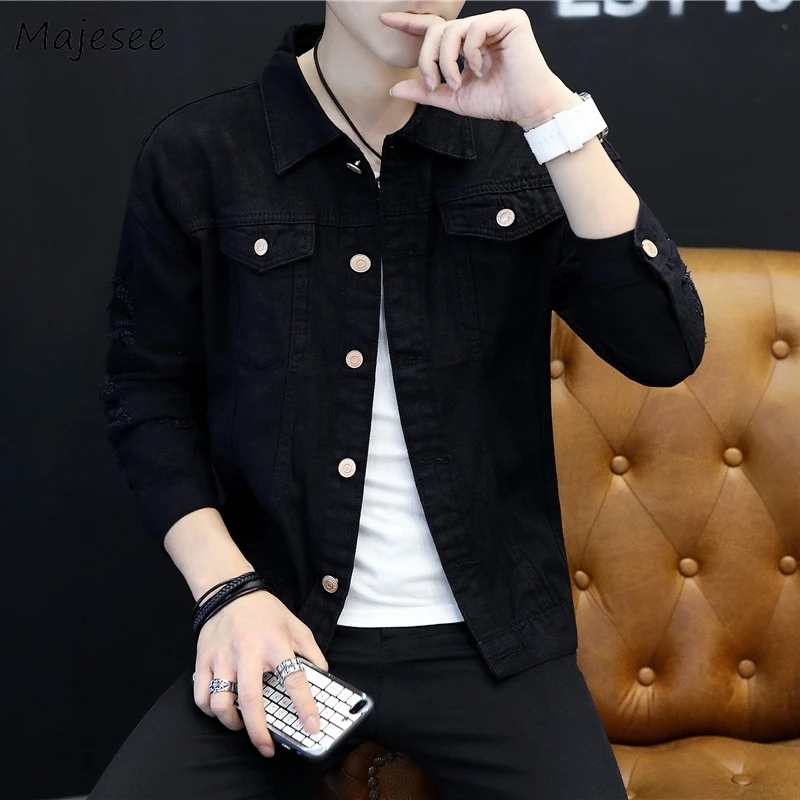 

Denim Jacket Men Korean Style Casual Slim Solid Simple All Match Mens Jackets Plus Size Harajuku Clothes Turn-down Collar Retro