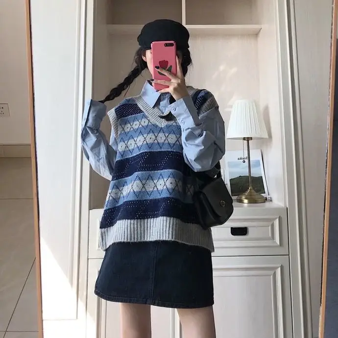 

2021 Women Spring Autumn Korean Fashion Loose Two Piece Outfits Casual Long Sleeve Blouses and Sleeveless Knitted Vest Set Q893