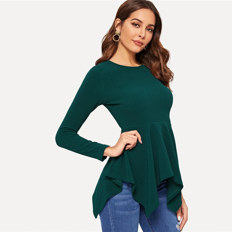 SHEIN Однотонный Топ С Асимметричным Низом И Молнией Женская Черная Классическая Блузка С Длинными Рукавами