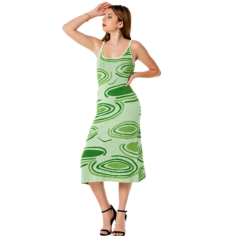 

Sexy Print Knit Bodycon Dress Women Green Y2K Party Dress Hollow Out Sleeveless Spaghetti Strap Beach Midi Dresses Summer