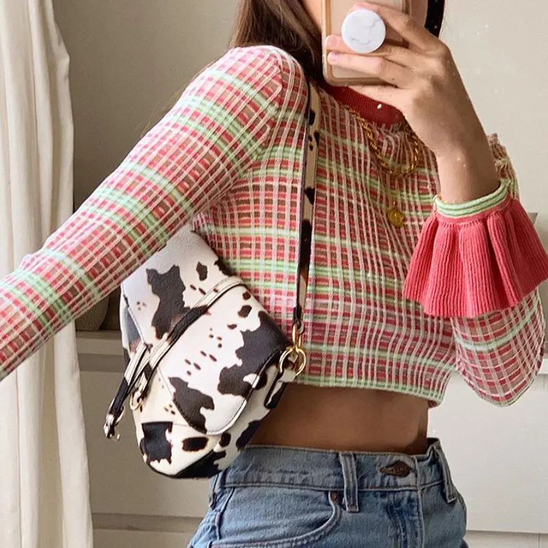 

2021 New Cute Girly Pink T-shirt Retro Wild Check Lotus Leaf Sleeve Slim Crop Top