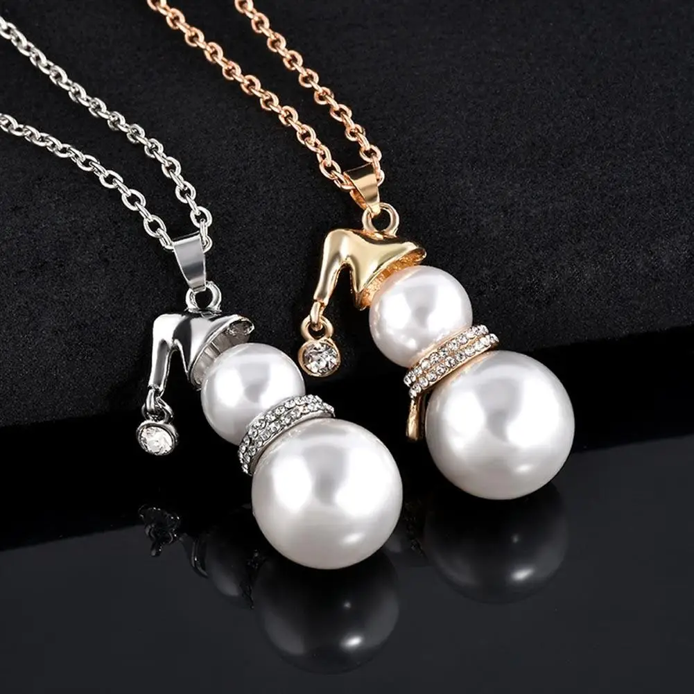 

Cute Snowman Pendant Long Necklace For Women Gold Silver Color Simulated Pearl Jewelry Santa Claus Christmas Gifts