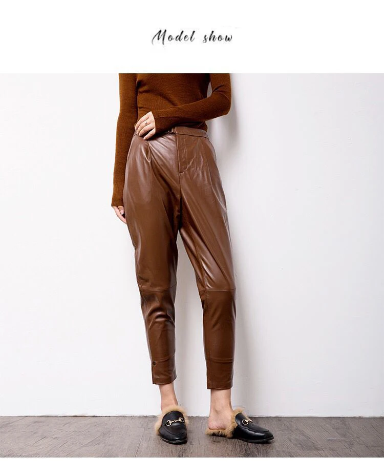 Women pants genuine sheep leather pants High waist black harem pants Elastic belt waist Trousers new fashion