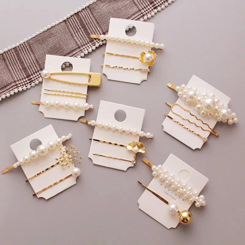 

1set Korean Chic Metal Hairpins Imitiation Pearl Flower Hollow Geometric Hair Clips For Women Girls Hair Styling Accessories