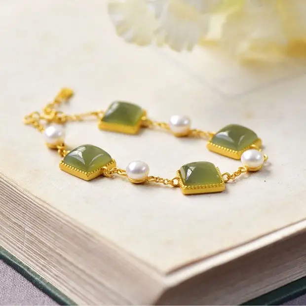 

Natural Hetian Gray Jade Square Bracelet S925 Sterling Silver Ancient Style Thick Gold Inlaid with Freshwater Pearl Bracelet Orn