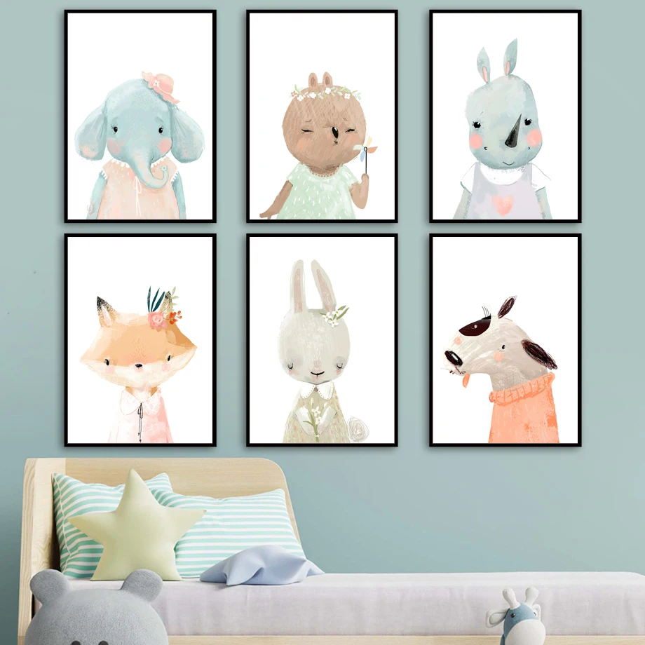 

Cartoon Animal Wall Art Canvas Painting Elephant Rabbit Rhinoceros Nordic Posters And Prints Wall Pictures Baby Kids Room Decor